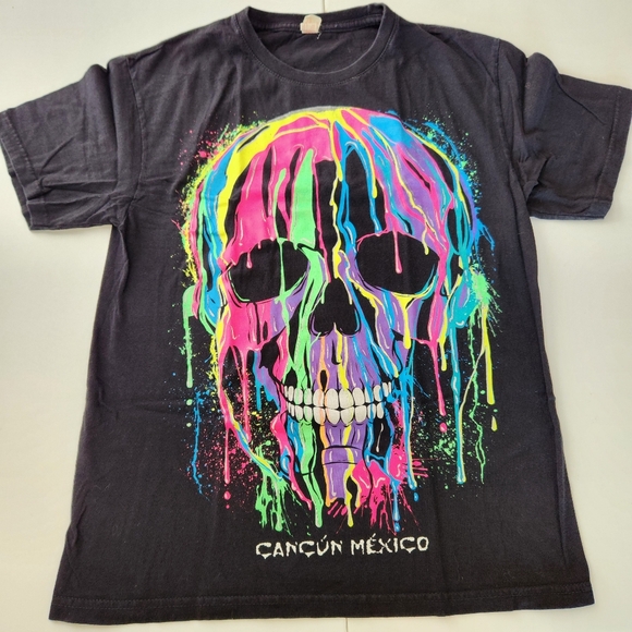 Unisex Graphic Tee Urban Retro skull neon multi color Size M - Picture 3 of 4
